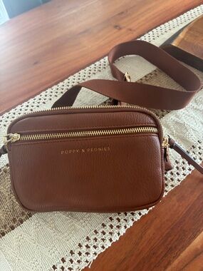 Poppy & Peonies On The Run Chestnut  Brown Leather Belt Bag with Gold Hardware